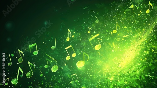 Abstract green music background with musical notes and leaves creating a lively and vibrant atmosphere.