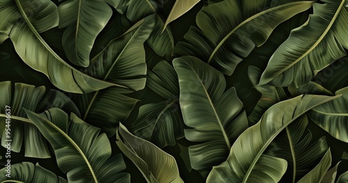 Wallpaper Mural A vibrant pattern of green tropical leaves creating a lush, natural backdrop. Torontodigital.ca
