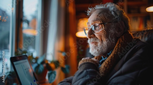 Elderly man with glasses sitting by the window, using a laptop, and deeply immersed in thought in a cozy, warmly lit room.