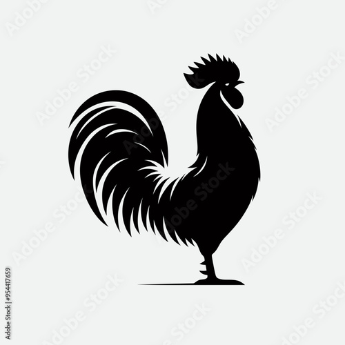 Black silhouette of a rooster, very simple and single rooster silhouette white background