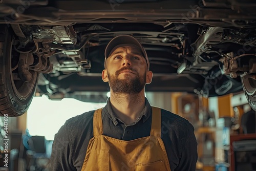 Portrait of a handsome young mechanic working on a car in a garage