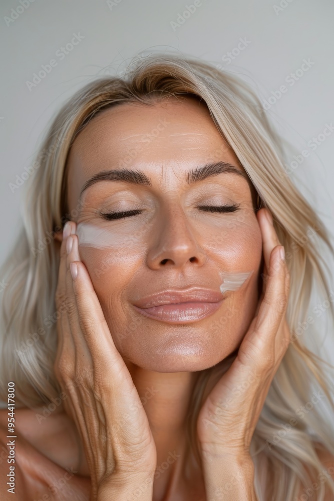 A woman with blonde hair applies moisturizer to her face while looking down and closing her eyes A woman with blonde hair applies moisturizer to her face while looking down and closing her eyes