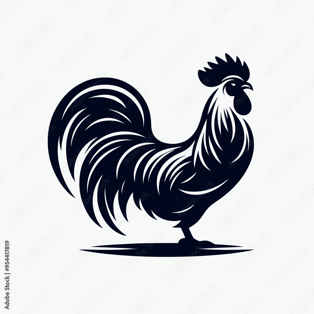 Black silhouette of a rooster, very simple and single rooster silhouette white background Black silhouette of a rooster, very simple and single rooster silhouette white background