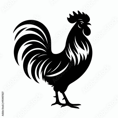 Black silhouette of a rooster, very simple and single rooster silhouette white background