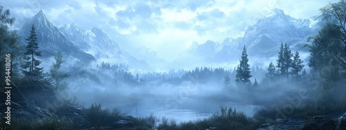 Misty valley, with rolling hills and scattered trees, under early morning fog photo