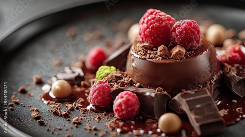 Chocolate Mousse Dessert with Raspberries and Chocolate Shavings photo