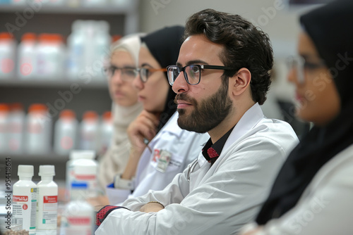 Group of scientists in a laboratory discussing research and analysis while wearing lab coats and safety glasses.