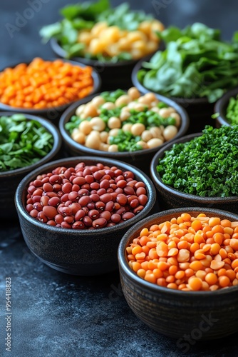 Assortment of legumes and greens, plantbased protein sources