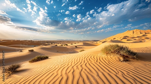 07231249 305. Expansive desert landscape with dramatic sand dunes, scattered vegetation, and a distant oasis, illustrating the diversity of natural ecosystems and their resilience