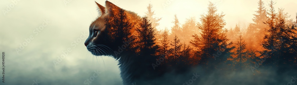 Double exposure of a cat silhouette with a forest landscape Double exposure of a cat silhouette with a forest landscape