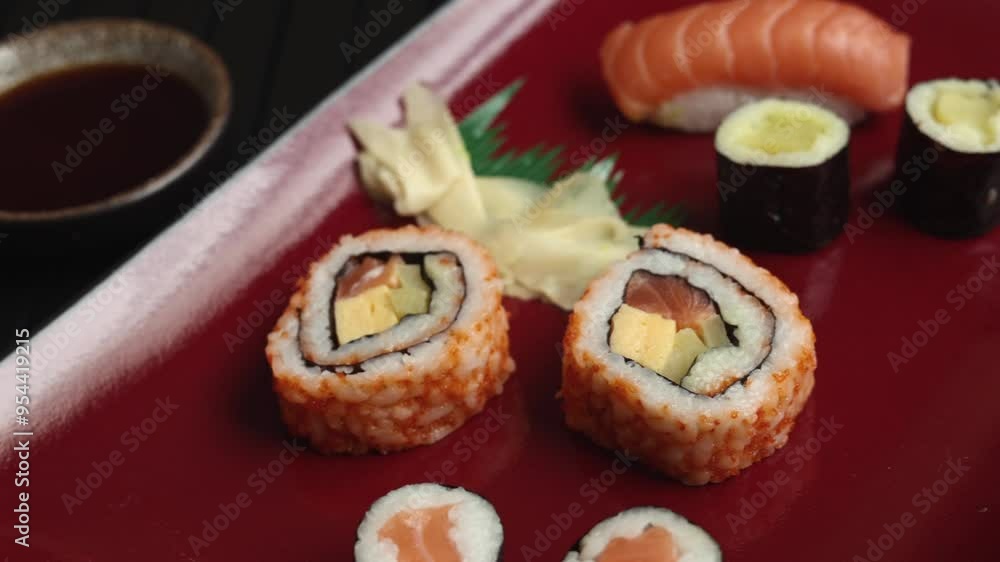 Authentic sushi served on red plate, accompanied by traditional dipping sauce. Classic Japanese dining experience, showcasing cultural heritage through fresh sushi and vibrant presentation. Authentic sushi served on red plate, accompanied by traditional dipping sauce. Classic Japanese dining experience, showcasing cultural heritage through fresh sushi and vibrant presentation.