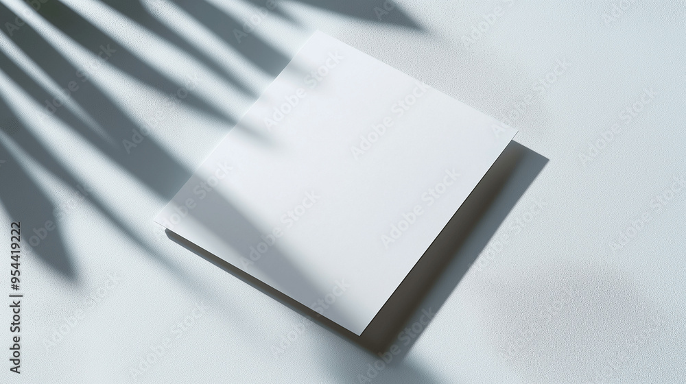 Blank white card on light blue surface with palm leaf shadows. Empty copy space for text Blank white card on light blue surface with palm leaf shadows. Empty copy space for text