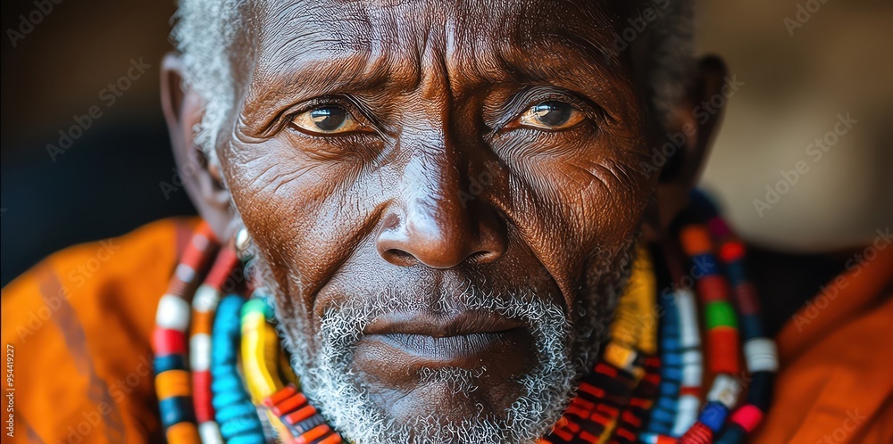 Elder Maasai man in colorful beads and robes, gazing intensely Elder Maasai man in colorful beads and robes, gazing intensely