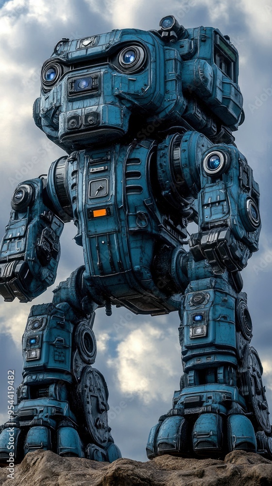 Naklejka premium Quadruped robot, with sensors and cameras, exploring a rocky mountain trail, under cloudy skies