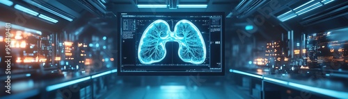 Futuristic lab with holographic lungs display, hightech and sterile environment