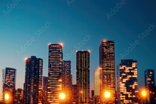 A stunning skyline view at dusk, showcasing illuminated skyscrapers against a deep blue sky.
