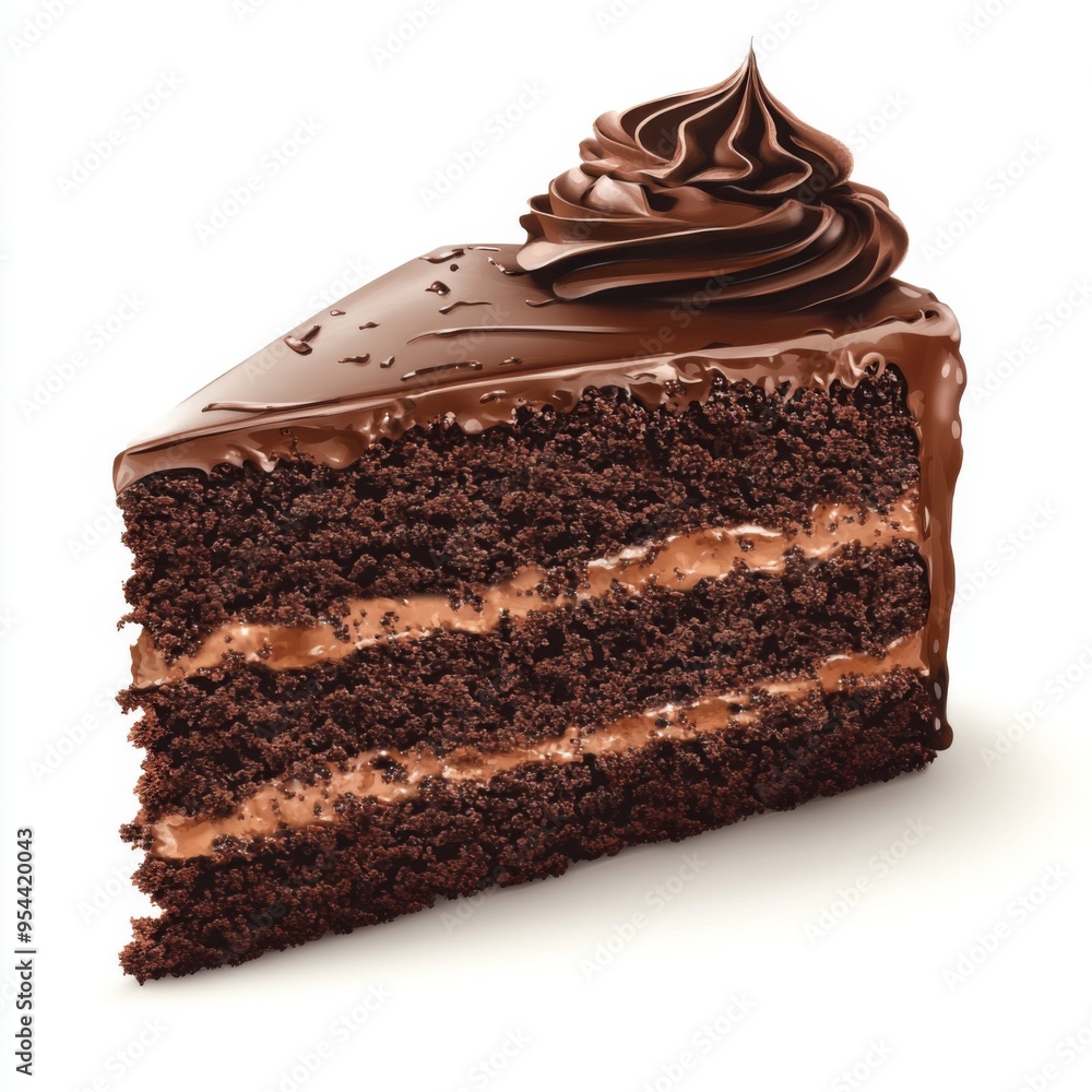 Decadent Chocolate Indulgence: A generous slice of rich, moist chocolate cake, layered with smooth chocolate ganache and topped with a swirl of decadent chocolate frosting, on a pristine white backgro Decadent Chocolate Indulgence: A generous slice of rich, moist chocolate cake, layered with smooth chocolate ganache and topped with a swirl of decadent chocolate frosting, on a pristine white backgro