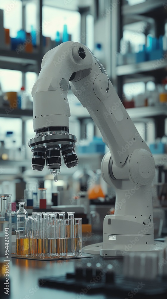 Robotic arm in a lab, handling delicate glassware, with precision grippers, under sterile white lighting Robotic arm in a lab, handling delicate glassware, with precision grippers, under sterile white lighting