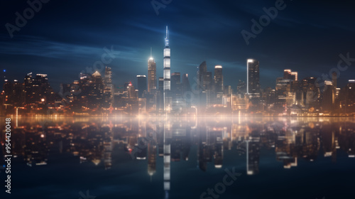 blurred cityscape orange blue skyline at night with twinkling light calm water reflection background