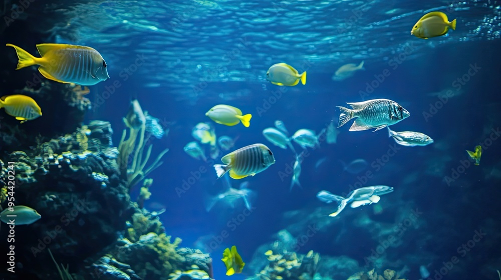 Obraz premium A school of colorful fish swimming through blue water