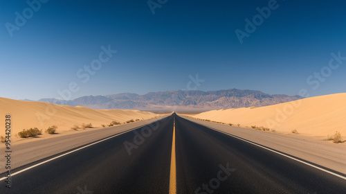 Death Valley, a long straight road cutting through the flat desert, high sand dunes towering on one side, Ai generated Images