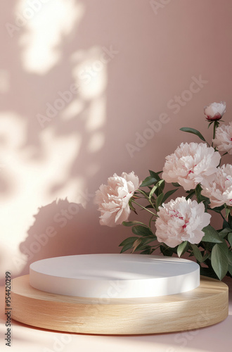 White Mock-Up Podium with Peonies in the Background for a Romantic and Elegant Floral Display