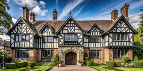Tudor-style home with intricate half-timbering and charming arched entryway, Tudor, home, half-timbering