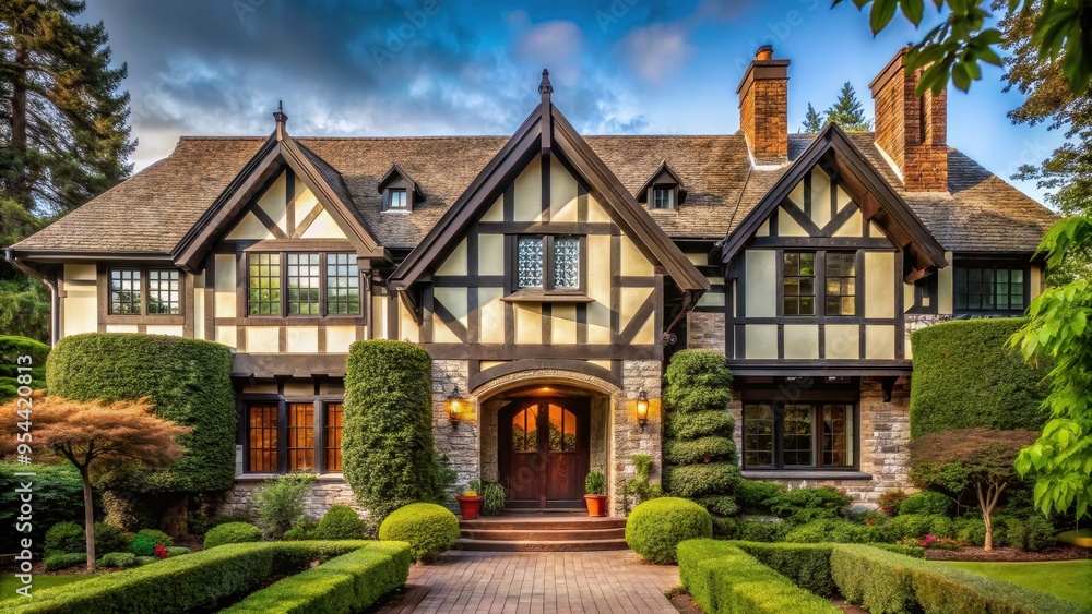 Tudor-style home with intricate half-timbering and arched entryway, perfect for capturing old-world charm, Tudor Tudor-style home with intricate half-timbering and arched entryway, perfect for capturing old-world charm, Tudor
