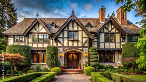 Tudor-style home with intricate half-timbering and arched entryway, perfect for capturing old-world charm, Tudor