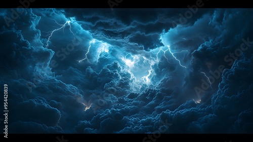 Electric blue lightning strikes a dark, stormy sky, creating a dynamic and energetic pattern of light and motion
