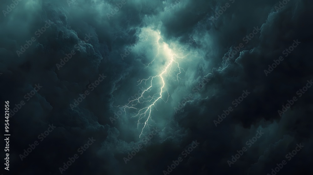 Abstract blue sky with dark clouds and lightning, illuminated by bright light against the night backdrop Abstract blue sky with dark clouds and lightning, illuminated by bright light against the night backdrop