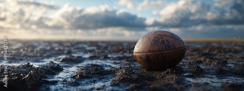 Rugby ball on the ground, with a muddy texture, under cloudy sky on a field photo