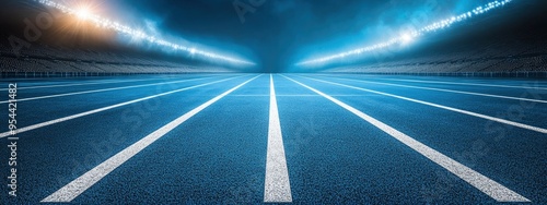 Running track lanes, with white starting lines, under bright stadium lights photo