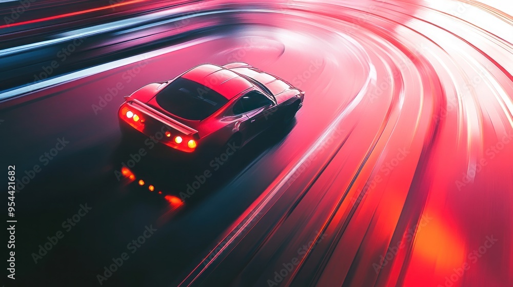 Red Sports Car Blurs Through the Night Red Sports Car Blurs Through the Night