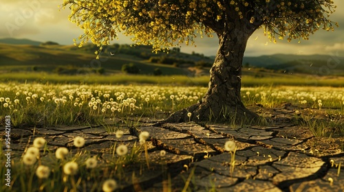 07231249 313. Artistic composition of a tree rooted in dry, cracked earth, transitioning to a green meadow with dandelions, highlighting the stark contrast caused by climate change photo