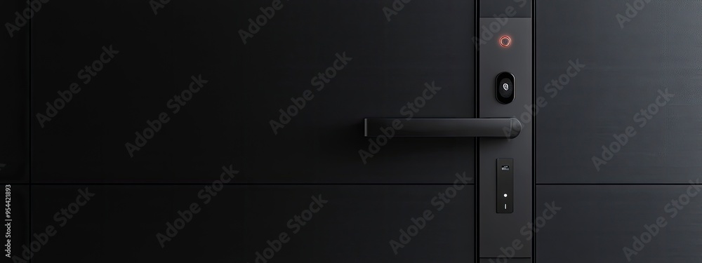 Smart keyless door lock, with fingerprint scanner, on a sleek front door, under bright porch light