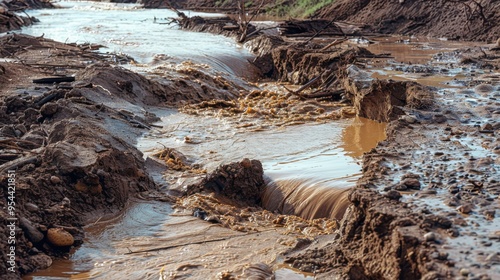 Mudslide: The movement of mud and debris down a slope, typically triggered by heavy rain, earthquakes, or volcanic eruptions, covering everything in its way.
 photo