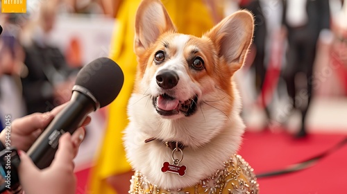 Corgi in Couture Gown Being Interviewed at Red Carpet Event