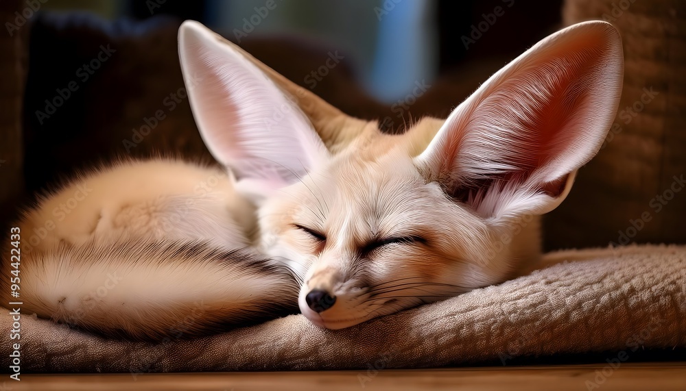 Obraz premium A fennec fox curled up on a cozy blanket inside a home.