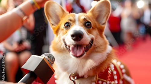 Corgi In Couture Gown Being Interviewed On Red Carpet