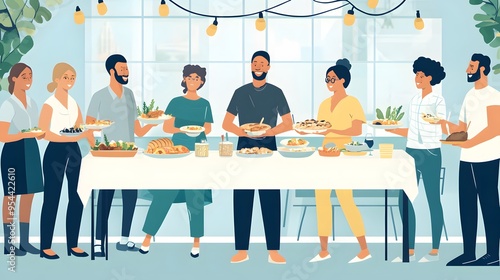 A diverse group of people enjoying a community potluck dinner