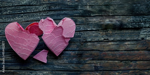 Broken pink paper heart halves on dark wooden table Symbolizing heartbreak breakup rejection on Valentine s Day Unexpressed emotions Top view with copy space flat lay perspective photo