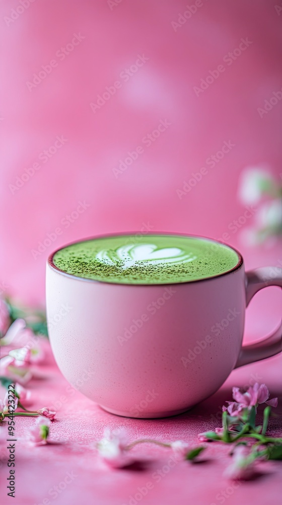Vegan matcha latte, with almond milk and matcha powder, in a ceramic mug, under soft ambient light Vegan matcha latte, with almond milk and matcha powder, in a ceramic mug, under soft ambient light