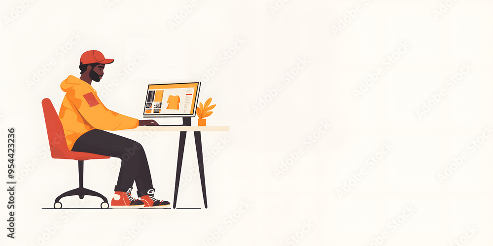 Fototapeta premium Illustration of African American black man shopping online during Black Friday sales. For advertising, banner, business