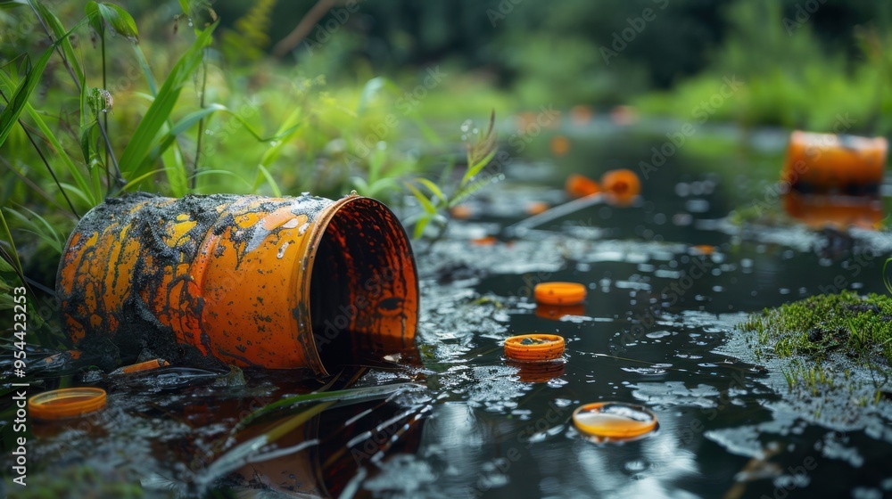 Obraz premium Chemical Spill: The discharge of dangerous chemicals into the environment, posing immediate health dangers to humans and wildlife and causing lasting contamination. 