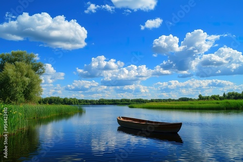 Idyllic scene of a wooden boat floating on a serene lake surrounded by lush greenery and reflective blue skies with fluffy clouds.