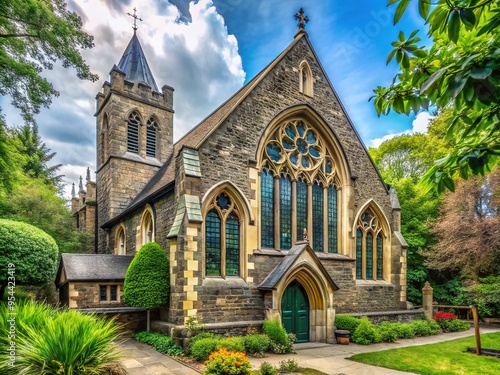 Serene Anglican church with striking stone façade and majestic stained-glass windows nestled among lush greenery in a peaceful London neighborhood. photo