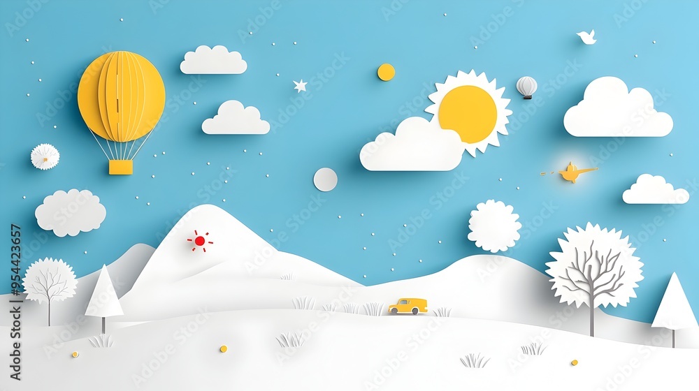 Naklejka premium Minimalist Paper Cut Weather Forecast Map with Symbolic Icons