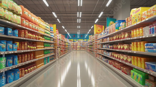 Hyper-realistic scene of a retail aisle lined with perfectly stacked products, with bright, even