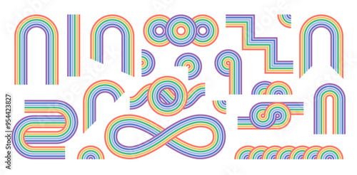 Zen arch colorful set, simple rainbow line arch and shapes. Geometric Japanese zen pattern minimal elements